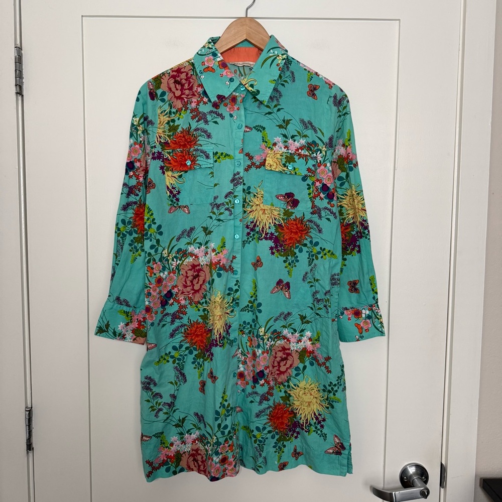 Soft Surroundings Shirt Dress Womens Sz M Petite Teal Floral Cottage Bohemian